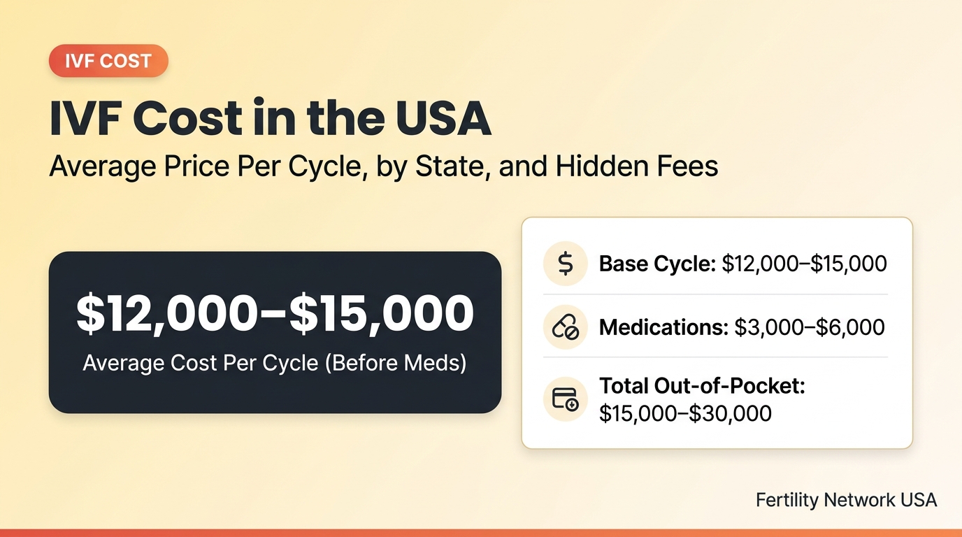 Cost breakdown of one IVF cycle in the USA — base cycle $12,000–$15,000, medications $3,000–$6,000, total average $15,000–$30,000 out-of-pocket before insurance coverage.