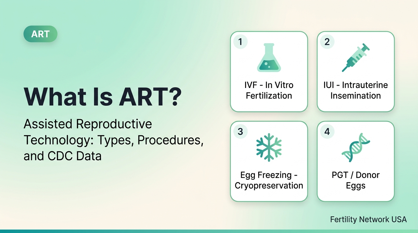 Infographic of Assisted Reproductive Technology (ART) types — IVF, ICSI, egg freezing, and embryo transfer. 326,468 ART cycles performed in the United States in 2022 per CDC NASS.