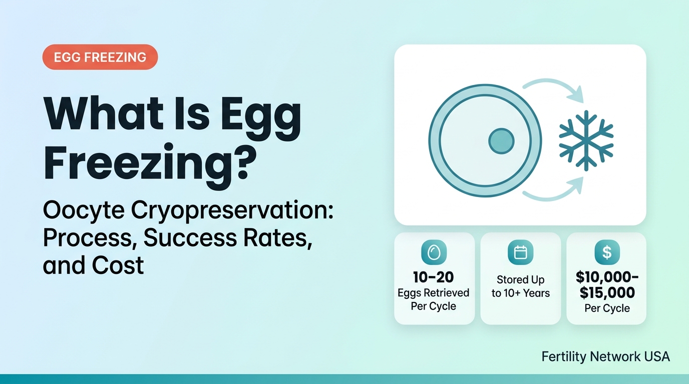 Medical diagram of oocyte cryopreservation (egg freezing) — ovarian stimulation, egg retrieval, vitrification, and cryostorage in liquid nitrogen. Average cost $10,000–$15,000 per cycle in the US.