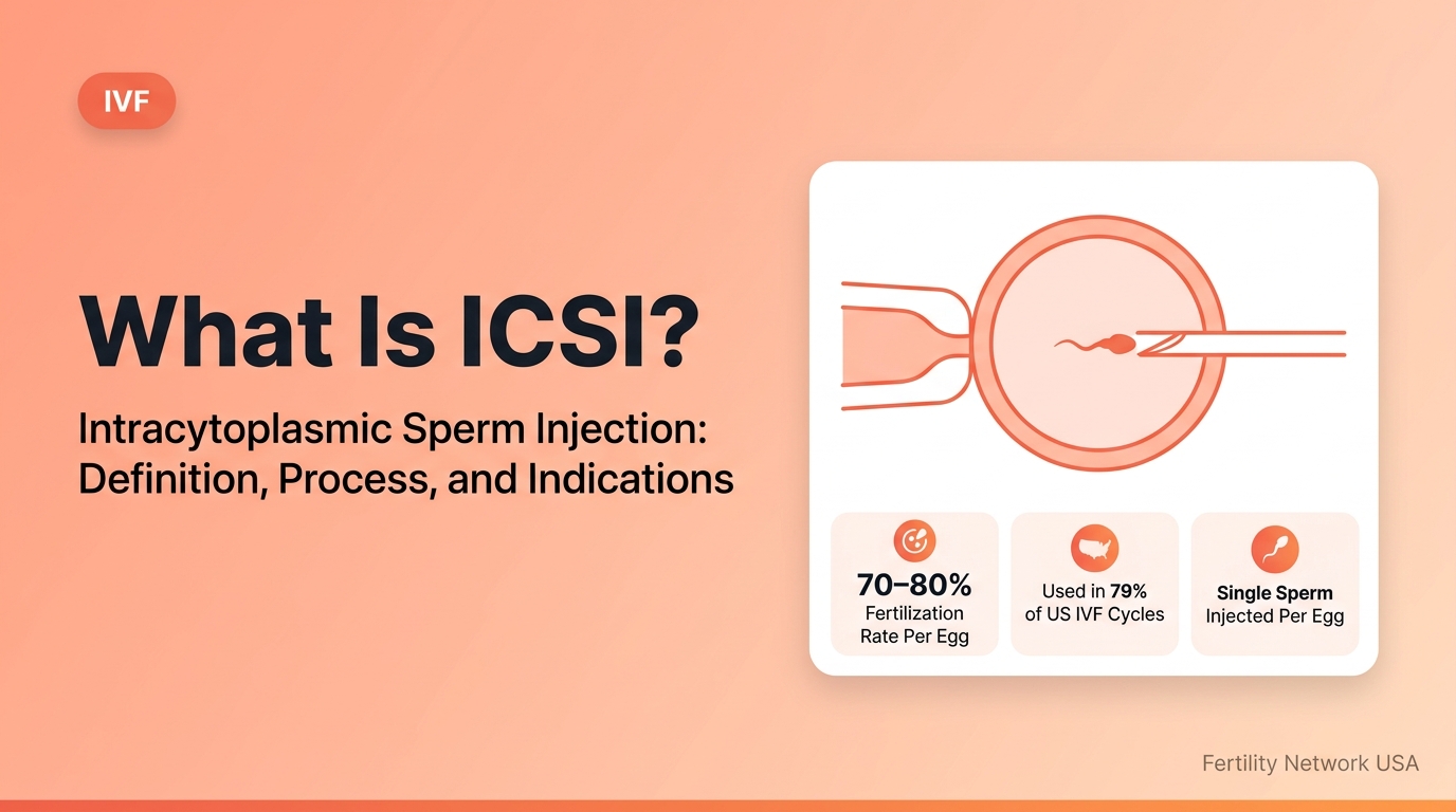 Microscopy diagram of ICSI (intracytoplasmic sperm injection) — glass micropipette injecting a single sperm cell directly into a mature egg. 70–80% fertilization rate per mature egg; used in 79% of US IVF cycles.