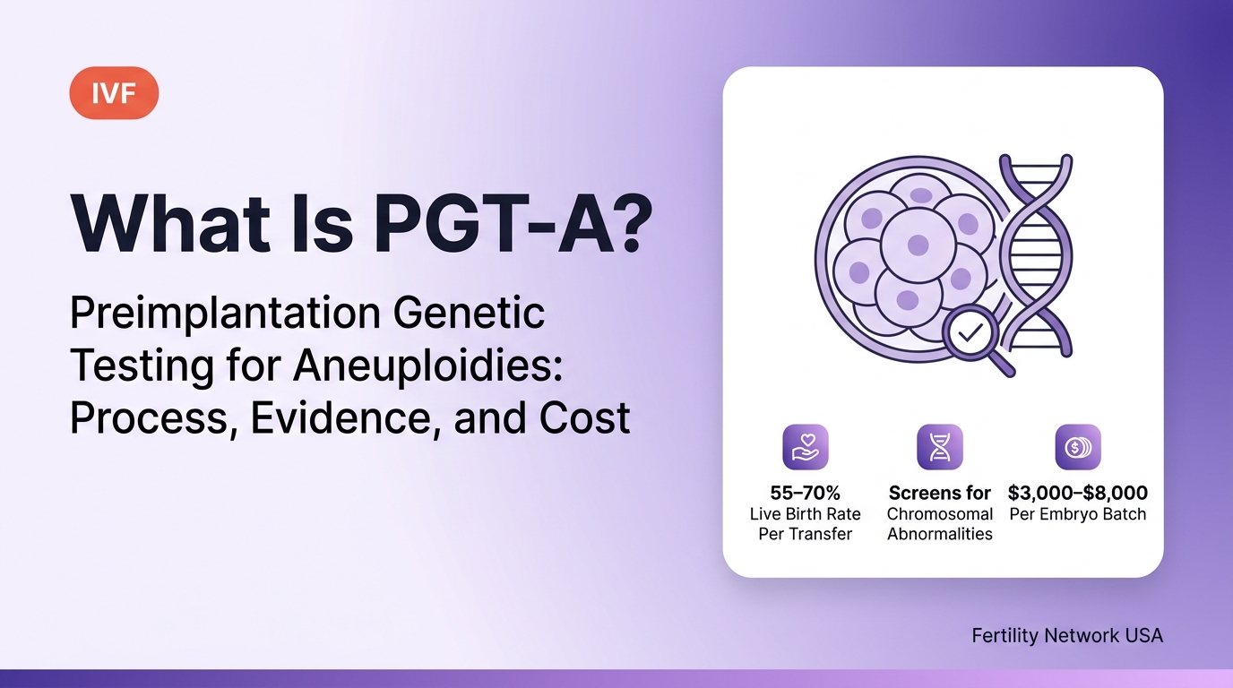 Genetic testing diagram of PGT-A (preimplantation genetic testing for aneuploidies) — embryo biopsy, chromosomal screening, and euploid embryo selection. Euploid embryos achieve a 55–70% live birth rate per transfer; cost $3,000–$8,000 per batch.